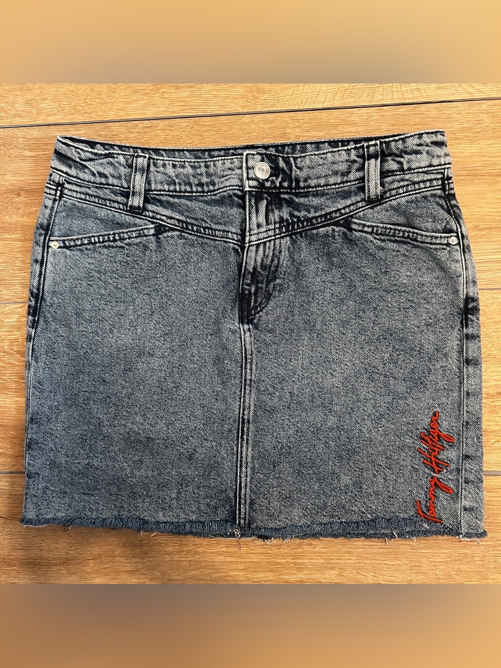 Tommy Hilfiger vintage Grey Washed Denim Skirt with Red Script Accent